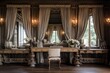 © Michael - Reclaimed Wood Elegance: Luxurious Parlor with Desks, Drapes, and Ornate Mirrors
