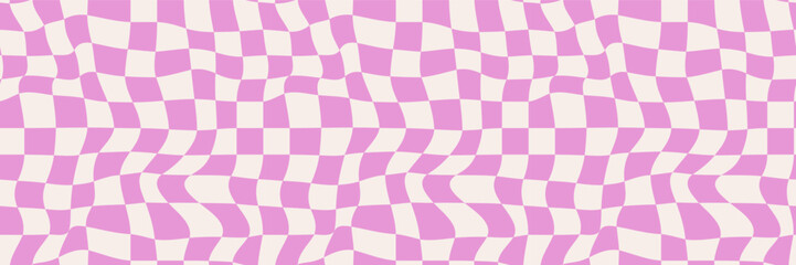 Wall Mural - Lilac checkerboard seamless pattern. Retro groovy waves. Geometry. Y2K 90s 00s psychedelic texture for textile, paper, fabric. Twisted check vector. Simple abstract hypnotic surface