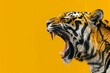 Closeup portrait of roaring big tiger isolated on bright yellow background. Angry wild predator with open mouth showing canines. Powerful animal, wildlife, zoo, nature concept. Vibrant colored image