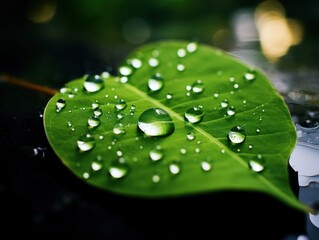 a close up of a leaf with water droplets