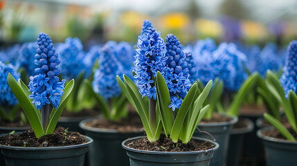 Wall Mural - The image depicts a collection of vibrant blue hyacinth flowers in pots