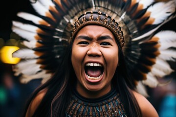 a woman wearing a feather headdress and screaming