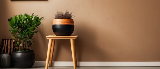 Poster - In a well-lit living room, a small wooden stool is positioned near a potted plant. The room features a brown carpet, a black vase, a painting hanging above a shelf with various plants.