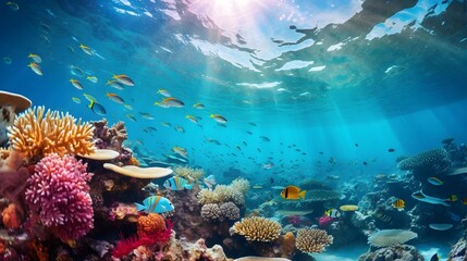  Underwater panorama of a tropical coral reef with fish and sunlight