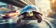 Super fast turtle running at high speed on the street between cars in strategy and innovation concept