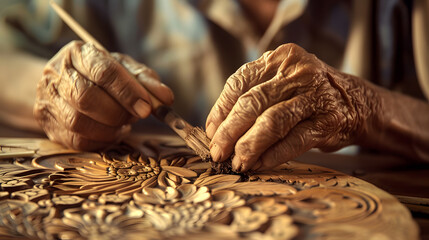 Wall Mural - A skilled artisan's hands meticulously crafting a unique handmade item. Emphasize the precision and concentration as they work on the delicate elements.