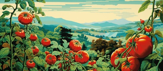 Wall Mural - This painting depicts a vibrant tomato garden, with green vines and ripe red tomatoes basking in the sunlight. The scene captures the essence of a thriving vegetable patch.