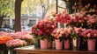 Flower shop in Paris, France. Bouquets of roses in pots