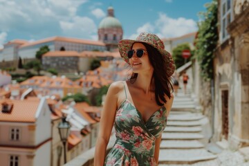 Wall Mural - A woman wearing a flowered dress and hat walks down a European street in summertime