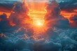a beautiful sunset in the sky, in the style of gauzy atmospheric landscapes, god rays, photo-realistic landscapes, lightbox, dark azure and orange. Generative AI