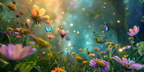 Wall Mural - Galactic Garden: A celestial garden floating in space, adorned with cosmic flowers, celestial butterflies, and twinkling stars, blending the beauty of nature with the wonders of the cosmos.