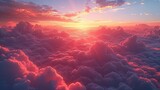 Fototapeta Niebo - a sunrise over the sky with clouds, in the style of photorealistic, aerial view, realistic landscapes with soft edges, photo-realistic landscapes, realistic scenery. Generative AI