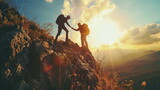 Fototapeta Łazienka - Hiker helping friend reach the mountain, Holding hands and walking up the mountain