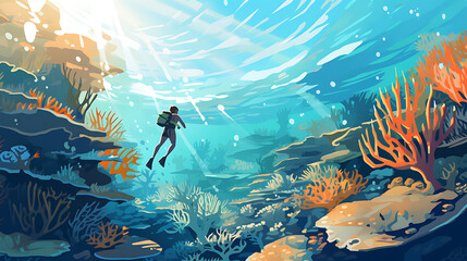 Wall Mural - A vector illustration of a snorkeler exploring coral reefs.