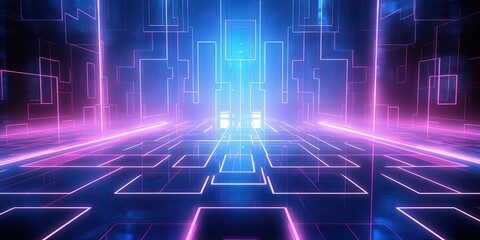 Wall Mural - digital grid with blue and pink neon lights presenting a futuristic matrix-like design in a virtual 