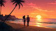 A vector image of a couple strolling along the beach at sunset.