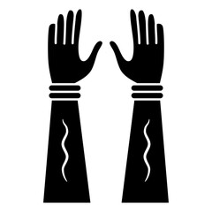 Two raised up human hands with open palms. Arm symbol. Black and white silhouette.