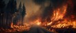A raging fire burns fiercely in the heart of a dense forest, sending plumes of smoke into the sky. The flames threaten to consume the surrounding trees and vegetation, creating a dangerous and