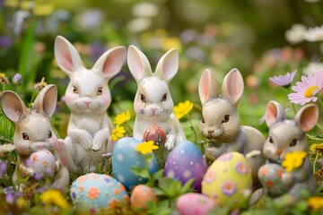 Wall Mural - A Whimsical Gathering of Easter Bunny Figurines Celebrating Spring Amidst a Field of Colorful Eggs and Blooming Flowers