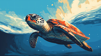 Wall Mural - A vector image of a sea turtle swimming in the ocean.