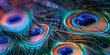 Macro close-up of colorful peacock feathers texture. Exotic bird plumage pattern. Wildlife concept.