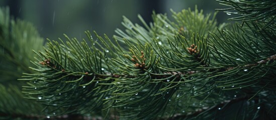 Sticker - Raindrops cling to the pine tree needles, glistening in the soft light. Each droplet refracts the surroundings, showcasing the delicate beauty of nature.