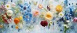 A mesmerizing painting depicting a symphony of vibrant flowers, leaves, and delicate ice crystals on a serene blue background. The contrast between the bold florals and the cool blue creates a