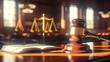 Close-up of gavel on judge's table with golden details symbolizing law, justice and court authority