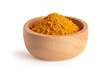 Indian spice. Turmeric powder in a wooden bowl on white