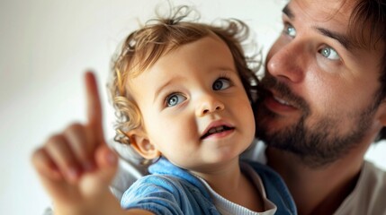 Wall Mural - Close-up of the father and his toddler son exploring together, with the father pointing out interesting things or explaining concepts, against a white background, generative AI