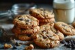 Plate of chocolate chip cookies and milk on a wooden table