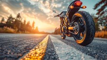 A Motorcycle Parking On The Road Side And Sunset, Select Focusing Background