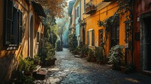 Cozy Street In Trastevere, Rome, Europe. Created With Generative AI.