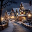 Winter village at night with snow and christmas tree. 3d rendering