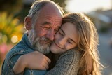 Fototapeta Miasto - caucasian teenage daughter hugging her father outside in town when spending time together