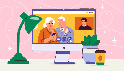 Wall Mural - Call with grandparents concept. Coimputer monitor with elderly man and woman huggings. Distance communication and interaction. Cartoon flat vector illustration isolated on pink background