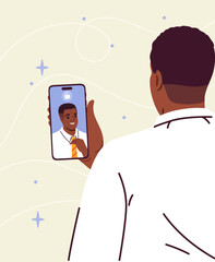 Poster - face detection at phone. man logs into his smartphone. security and personal data protection system.