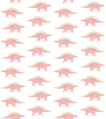 Wall Mural - Vector seamless pattern of flat hand drawn pink stegosaurus dinosaur isolated on white background