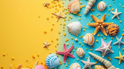 Wall Mural - colorful seashells and starfish arranged on a dual-tone backdrop