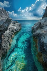 Wall Mural - crystal clear turquoise waters nestled between rugged cliffs under a serene blue sky
