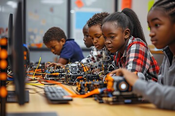 group of african american students building and programming electric toys and robots at robotics cla