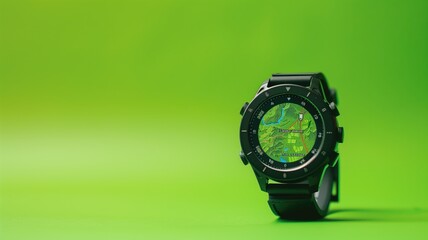 Smartwatch displaying map on green background for outdoor exploration