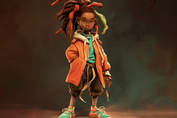 Wall Mural - Cartoon character with long dreadlocks, fashionably dressed