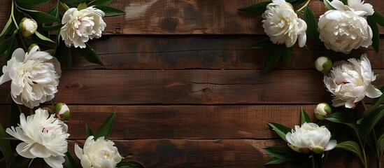 Wall Mural - A collection of vibrant white peonies in full bloom arranged on a rustic wooden surface. The delicate petals and green leaves contrast beautifully with the textured wood, creating a simple yet elegant