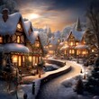 Winter night in the village. Christmas and New Year background. Winter landscape.