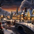 Illustration of a beautiful winter village in the evening with snow.