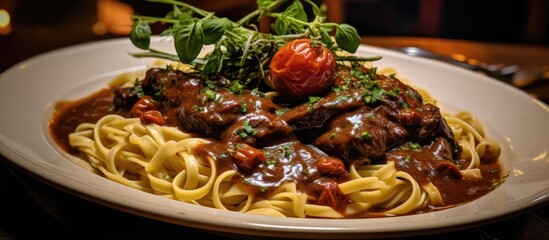 Poster - A white plate holds a generous portion of Italian pasta topped with tender pieces of spicy venison and boar covered in rich tomato-based gravy. The dish is garnished with fresh tomato slices, creating