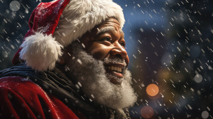 Wall Mural - Happy African American Santa Claus on dark background. Christmas holidays.