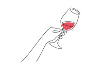 One Continuous Line Drawing Of Hand With Glass Of Wine. Christmas Toast And Wishes In Simple Linear Style. Concept Of Celebrate And Cheering In Editable Stroke. Doodle Hand Drawn Vector Illustration