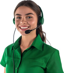 Friendly female customer service agent wearing green shirt and headset isolated.